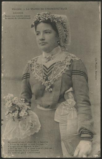 Chambretaud. - La mariée de Chambretaud (prénommée Jaquette), avec coiffe, col en dentelle et bouquet.